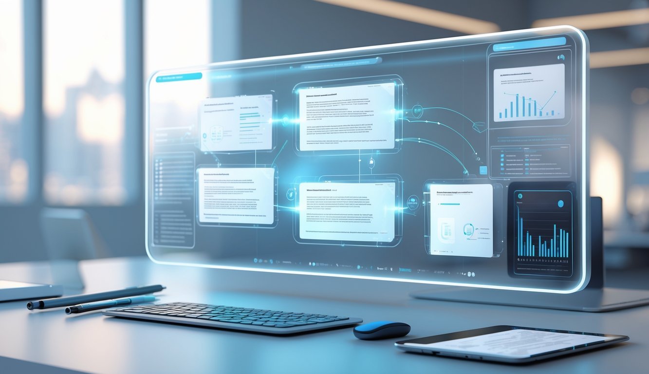 A modern office desk with a transparent holographic interface showing contract documents and data visualizations floating above it.