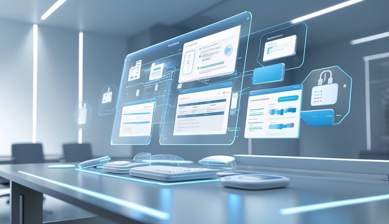 A 3D digital workspace showing floating holographic screens with contract management elements in a modern office setting.