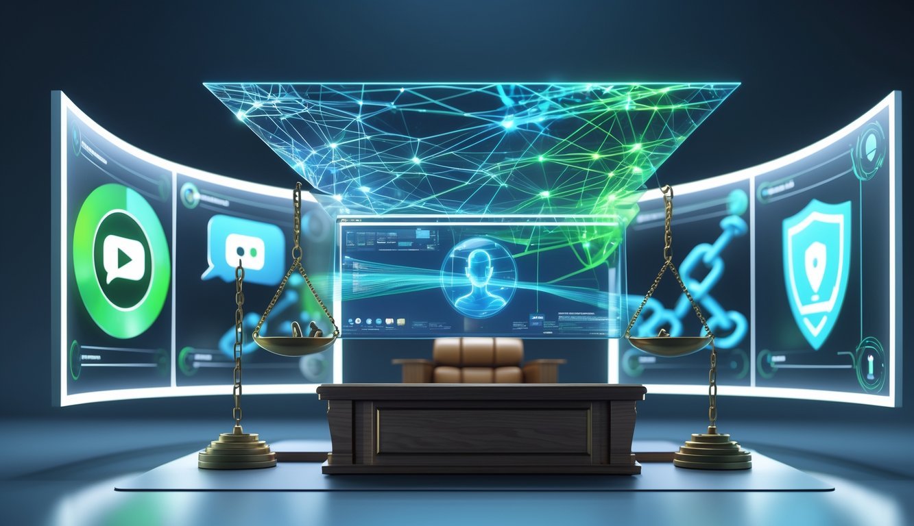A futuristic digital courtroom with holographic displays showing data streams, legal symbols, and a balanced scale of justice representing cyber defamation law.