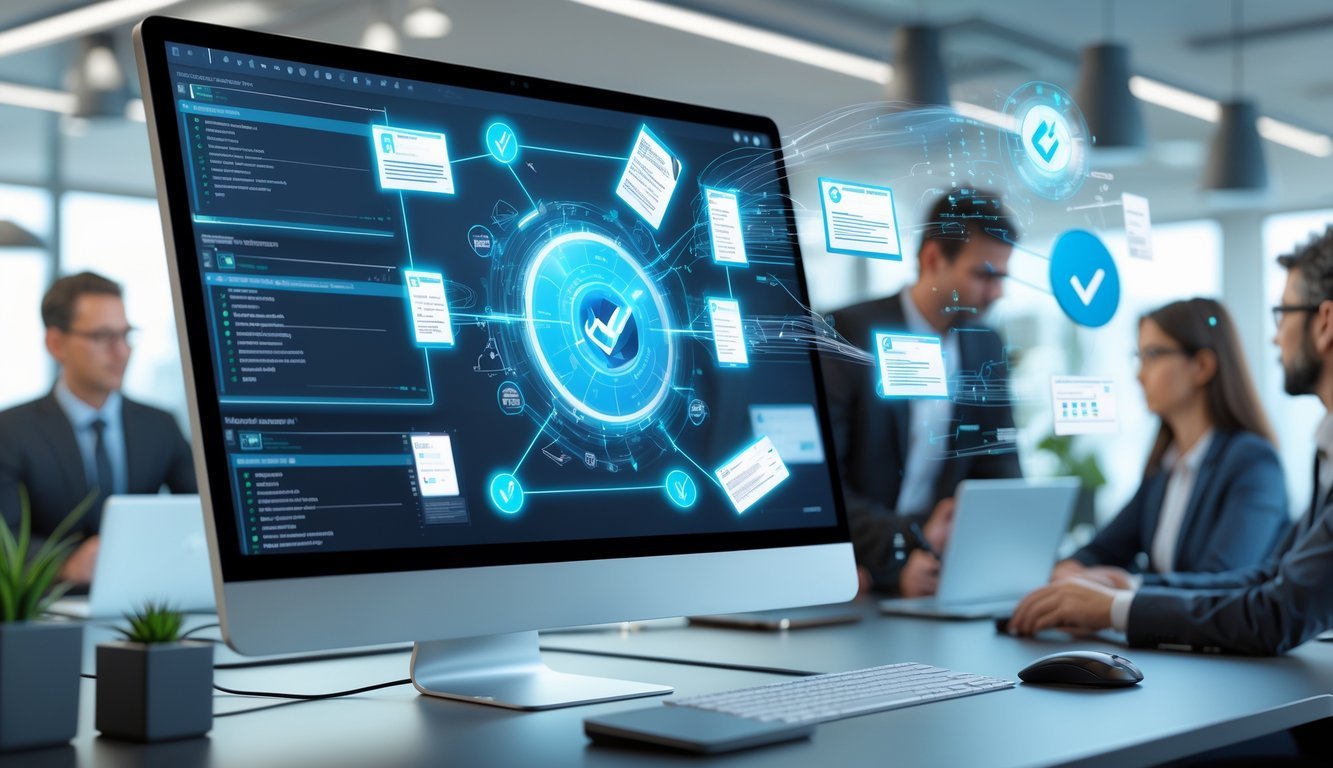 A 3D scene showing professionals collaborating around a futuristic computer with floating digital contract documents and icons representing automation and security in a modern office.