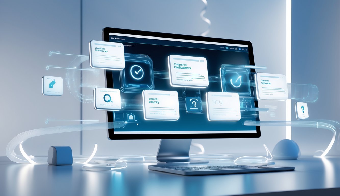 A 3D scene showing a futuristic computer screen with floating holographic panels representing contracts and FAQs in a clean digital workspace.