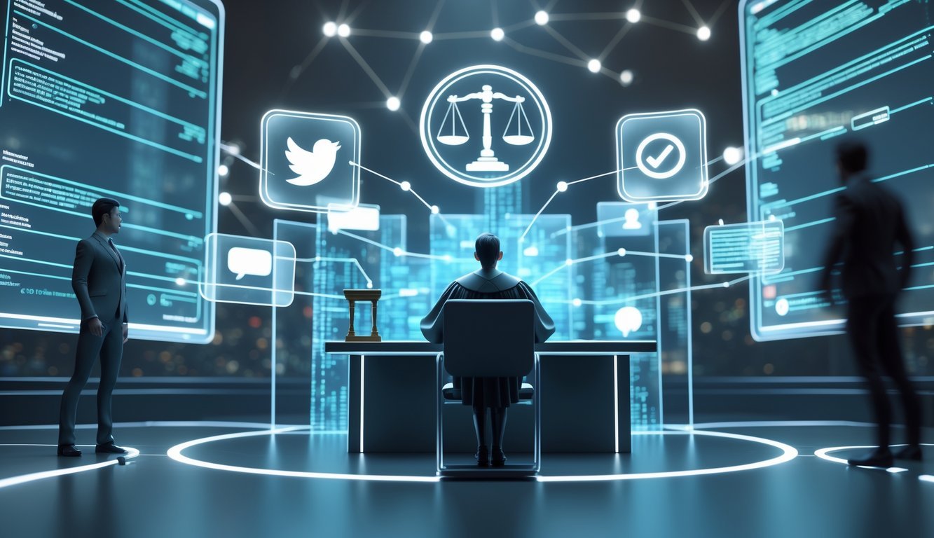 A futuristic courtroom with a judge and holographic digital screens showing social media posts, symbols of law and technology, and two figures representing a victim and a defamer.
