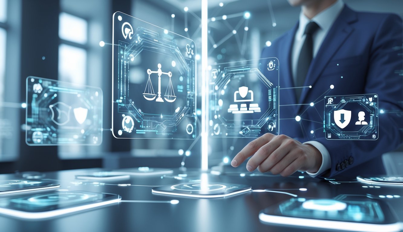 A professional in a modern office interacting with floating holographic screens showing symbols of law and digital networks related to cyber defamation.