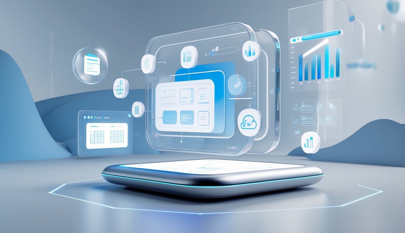 A 3D scene showing a futuristic digital workspace with floating touchscreens and business-related icons representing document management and productivity.