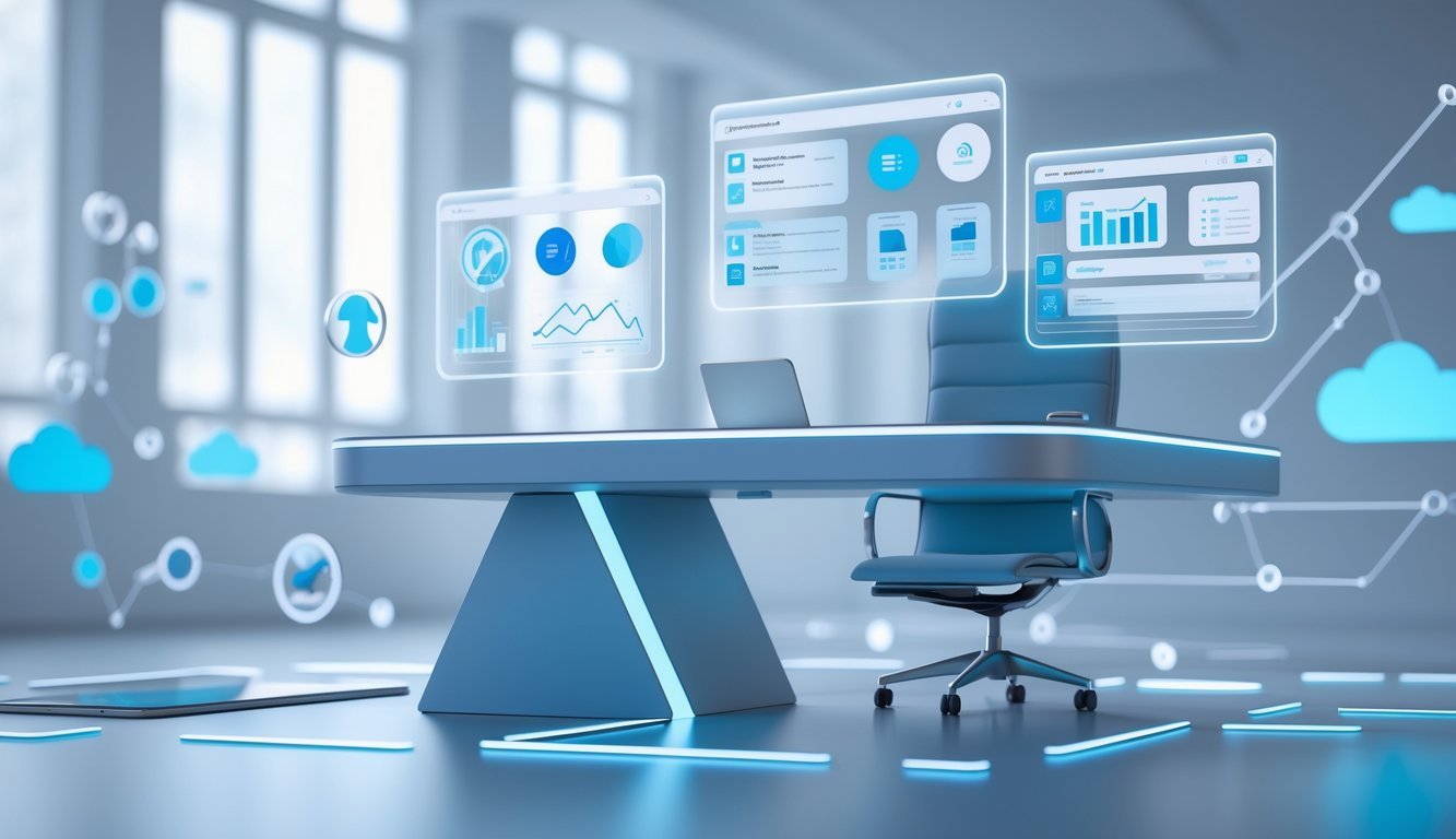 A 3D scene of a modern office desk with floating holographic screens showing business icons and graphs, surrounded by abstract data connections.