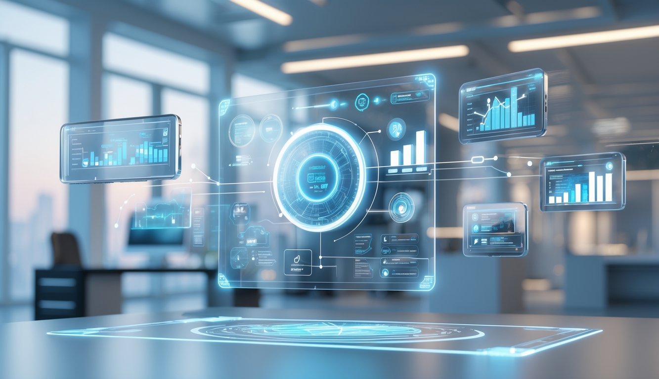A futuristic office scene with floating digital screens and holographic interfaces showing interconnected business data and tools.