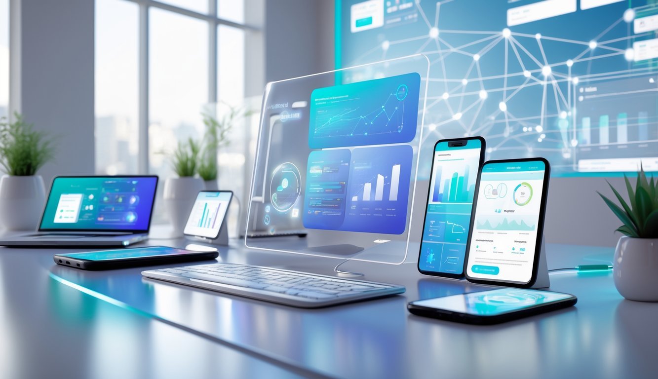 A 3D scene of a modern workspace with holographic screens and smart devices showing business and project management tools.