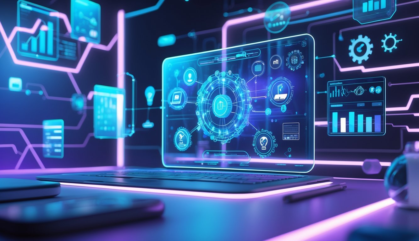 A 3D scene showing floating digital screens and a holographic interface representing startup tools and innovation.