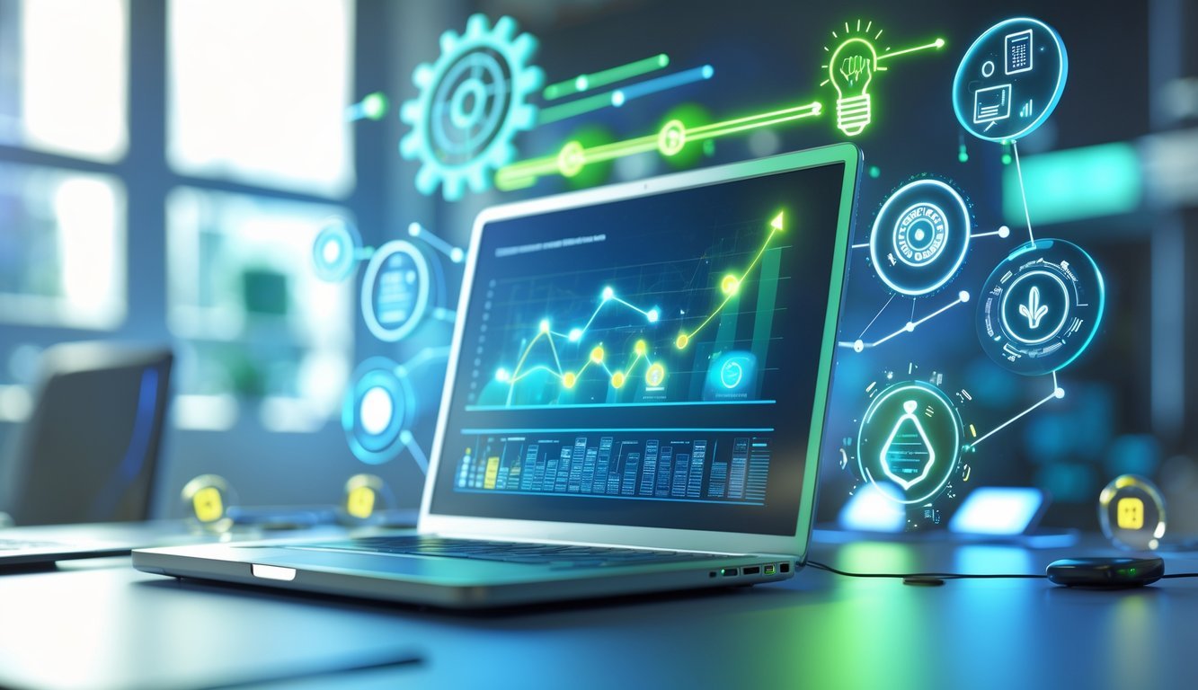 A 3D scene showing a laptop surrounded by floating icons and charts representing startup growth, efficiency, innovation, and teamwork.