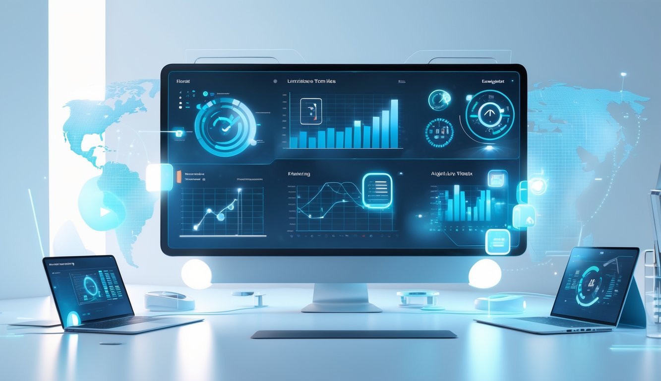A 3D scene showing a futuristic digital dashboard with floating holographic icons and graphs surrounded by tech gadgets on a clean workspace.