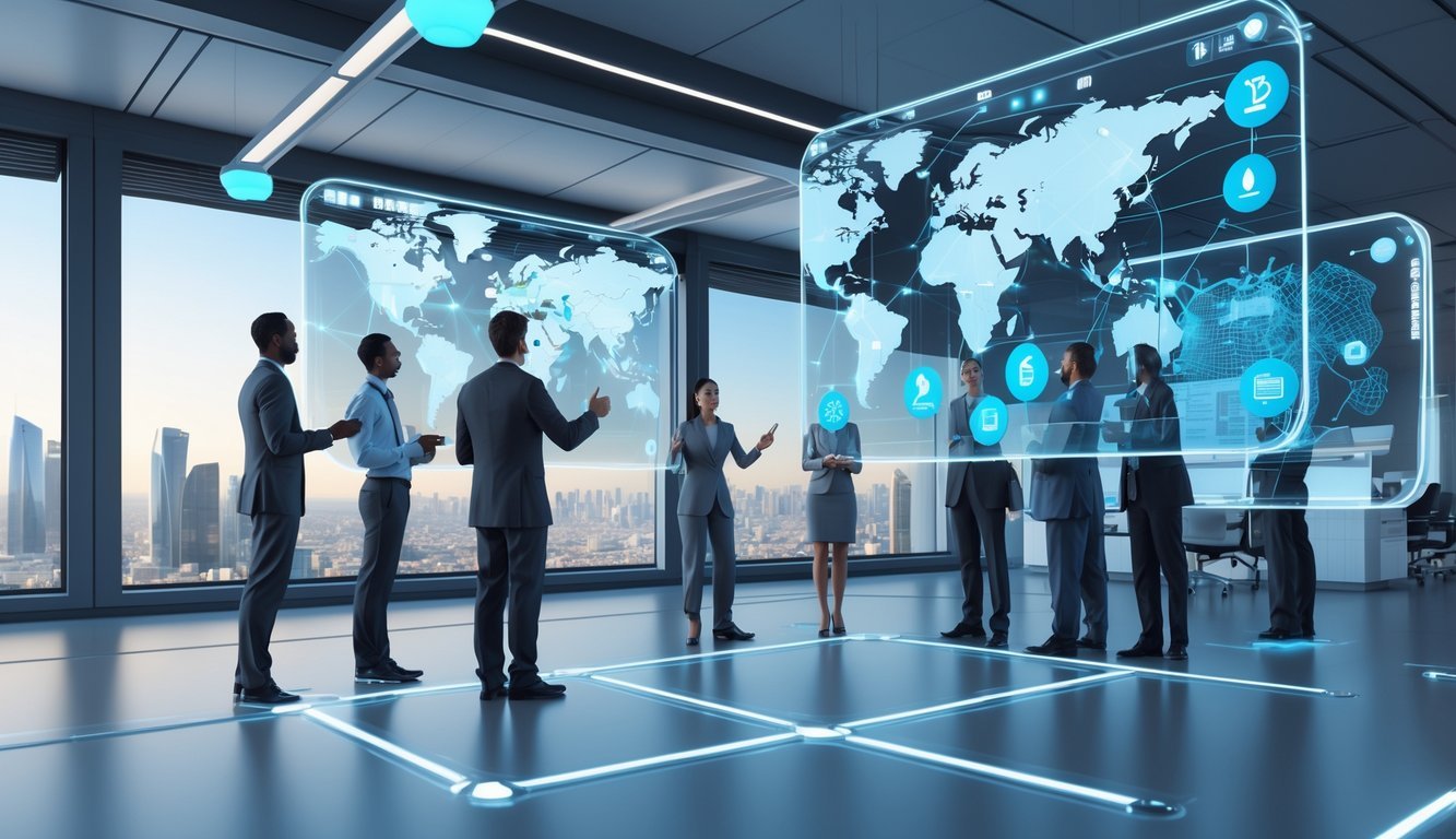 A 3D scene of professionals interacting with floating holographic screens showing global business data in a modern office with a city skyline in the background.