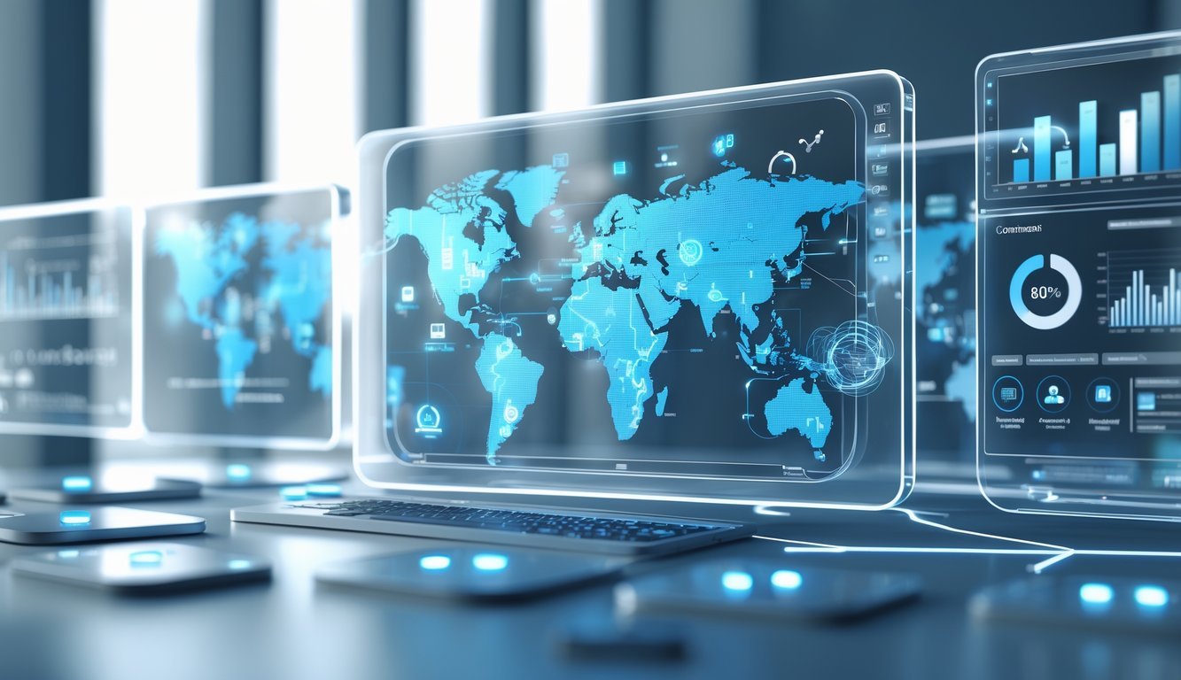 A 3D scene showing a futuristic digital workspace with floating holographic screens displaying business data and a world map in the background.