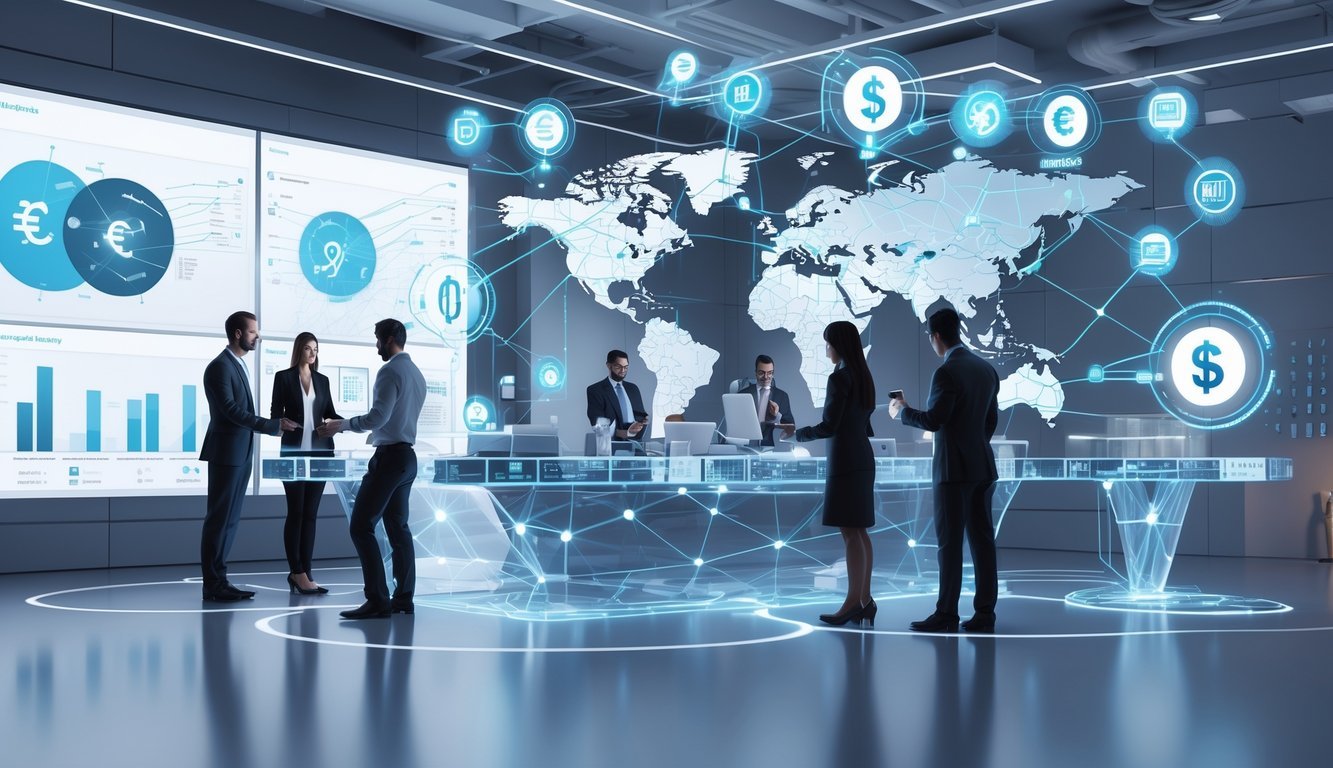 A 3D scene of professionals using advanced digital tools in a modern office with holographic screens showing global connections and data.