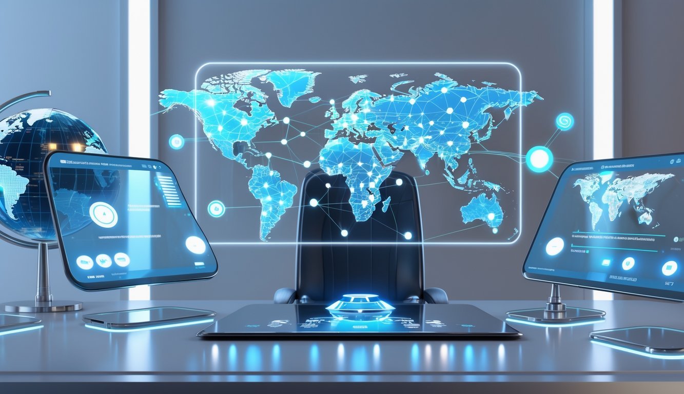 A 3D scene showing a modern office desk with floating digital charts, world maps, and holographic business tools representing global connections and support.