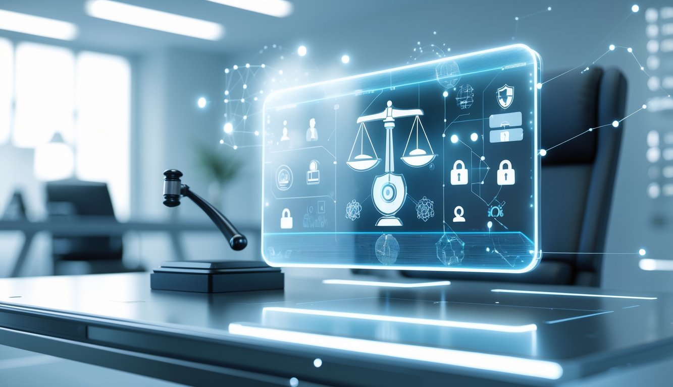 A futuristic workspace showing a holographic legal platform interface with symbols of law and technology floating above a desk.
