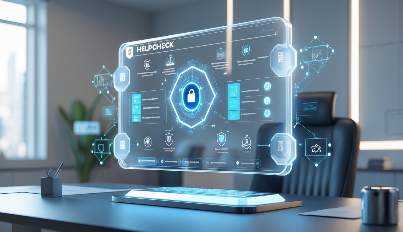 A 3D scene showing a futuristic digital interface with holographic icons representing legal services like contract review and case management in a modern office setting.