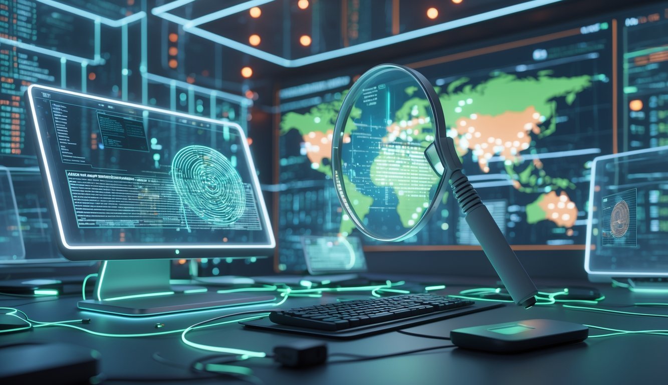 A futuristic cyber forensics lab with holographic screens showing data and digital evidence, surrounded by high-tech computers and glowing cables.
