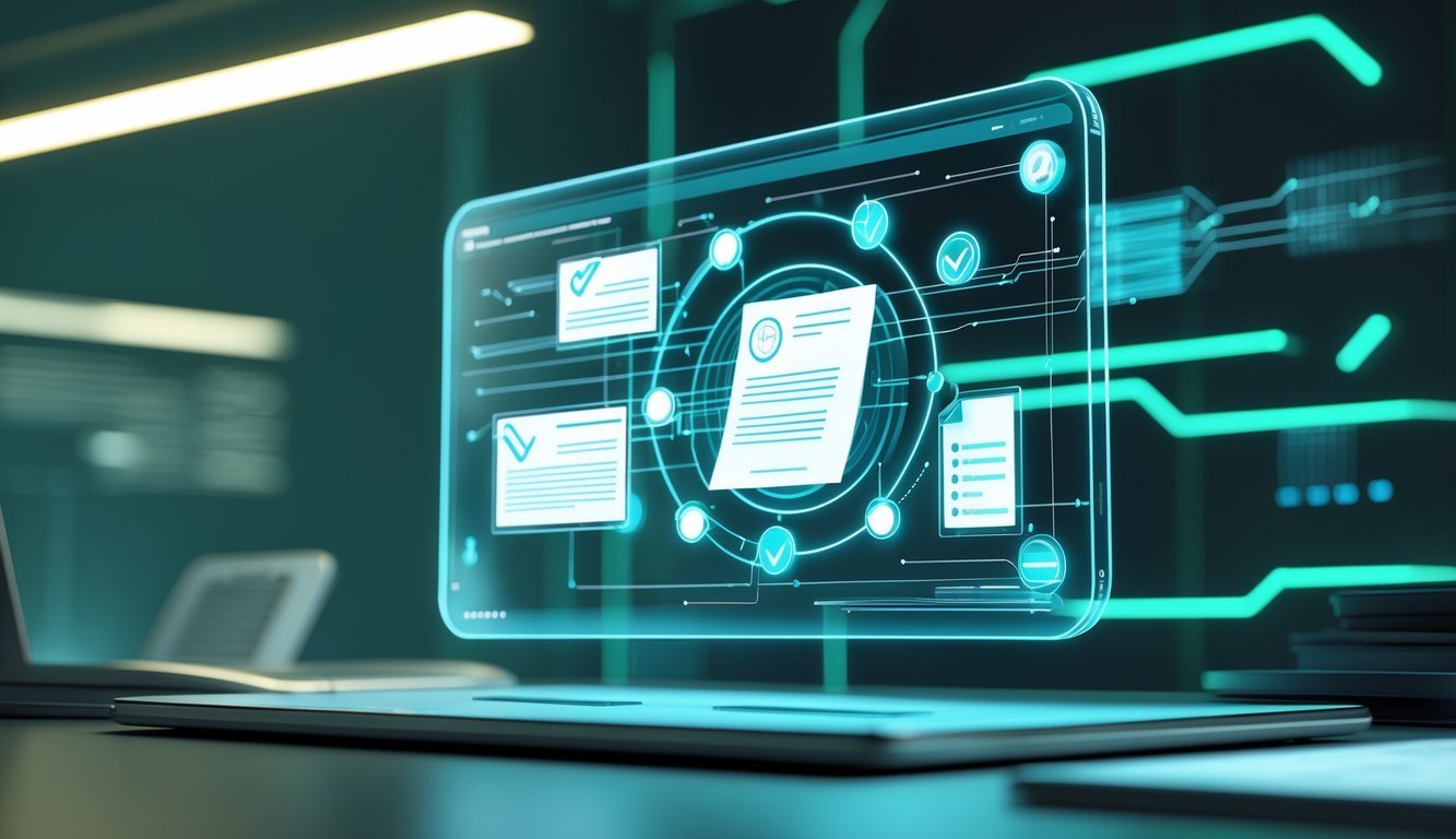 A 3D digital platform with holographic displays showing interconnected legal and compliance symbols above a modern workspace.