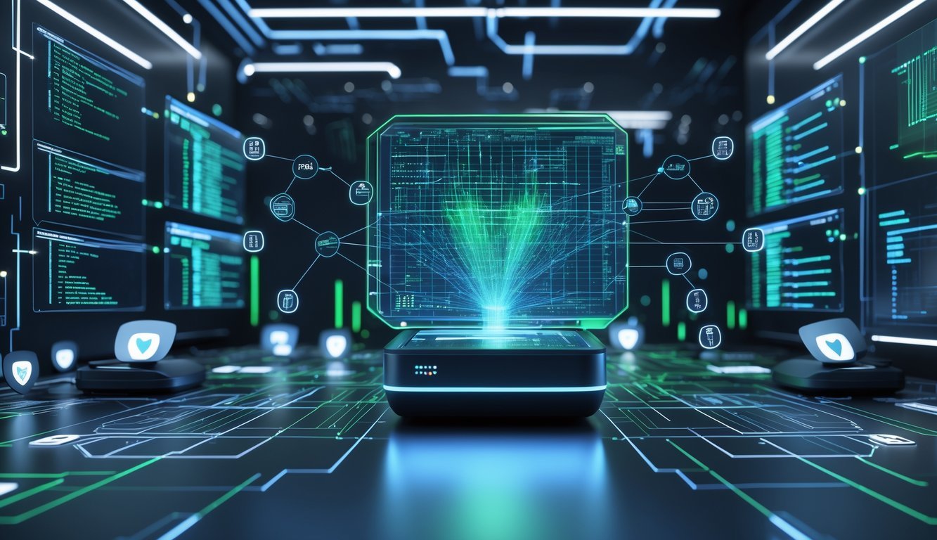 A futuristic digital workspace with holographic screens and a high-tech forensic device surrounded by network nodes and security symbols, representing enterprise and cyber forensics.