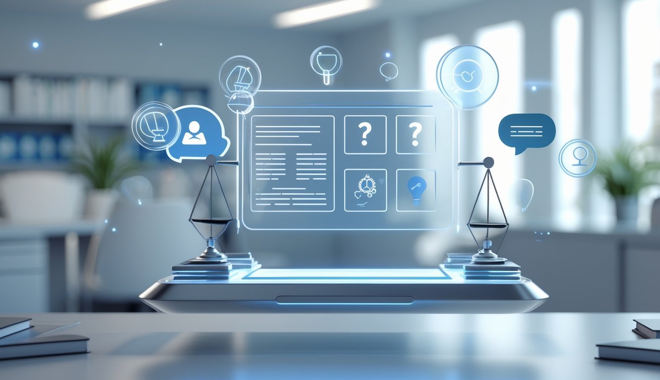 A 3D scene showing a floating transparent touchscreen with icons of legal documents, question marks, and justice scales in a modern office setting.