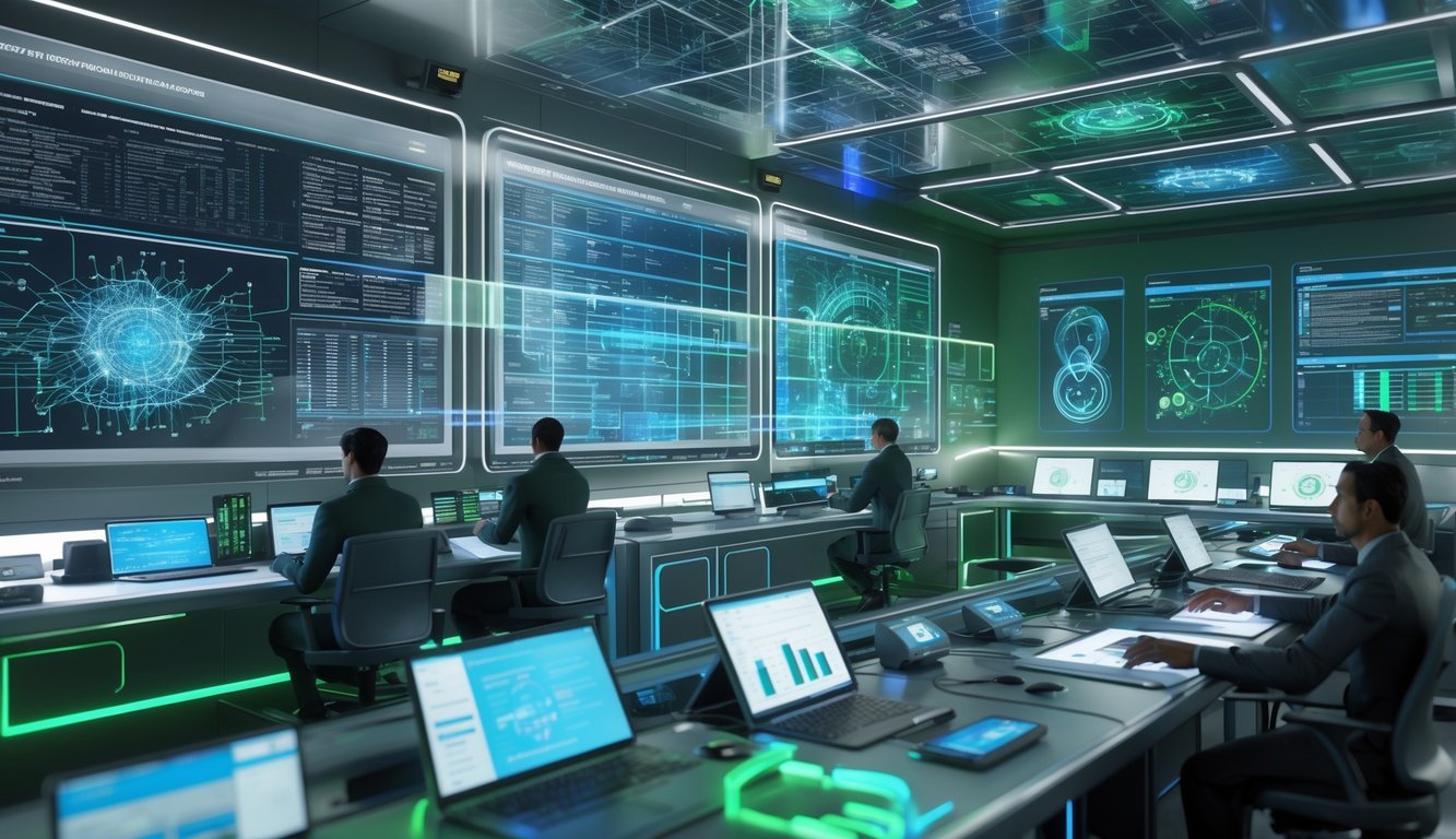 A team of cybersecurity experts working in a high-tech control room with holographic screens and digital data displays focused on cyber forensics.