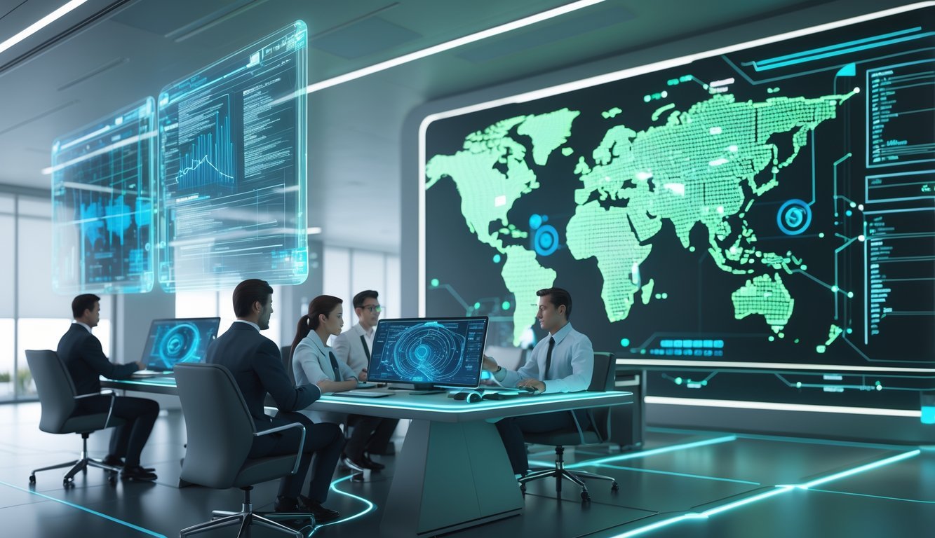 A digital workspace with holographic screens showing data visualizations and a team analyzing cyber forensics in a high-tech office.
