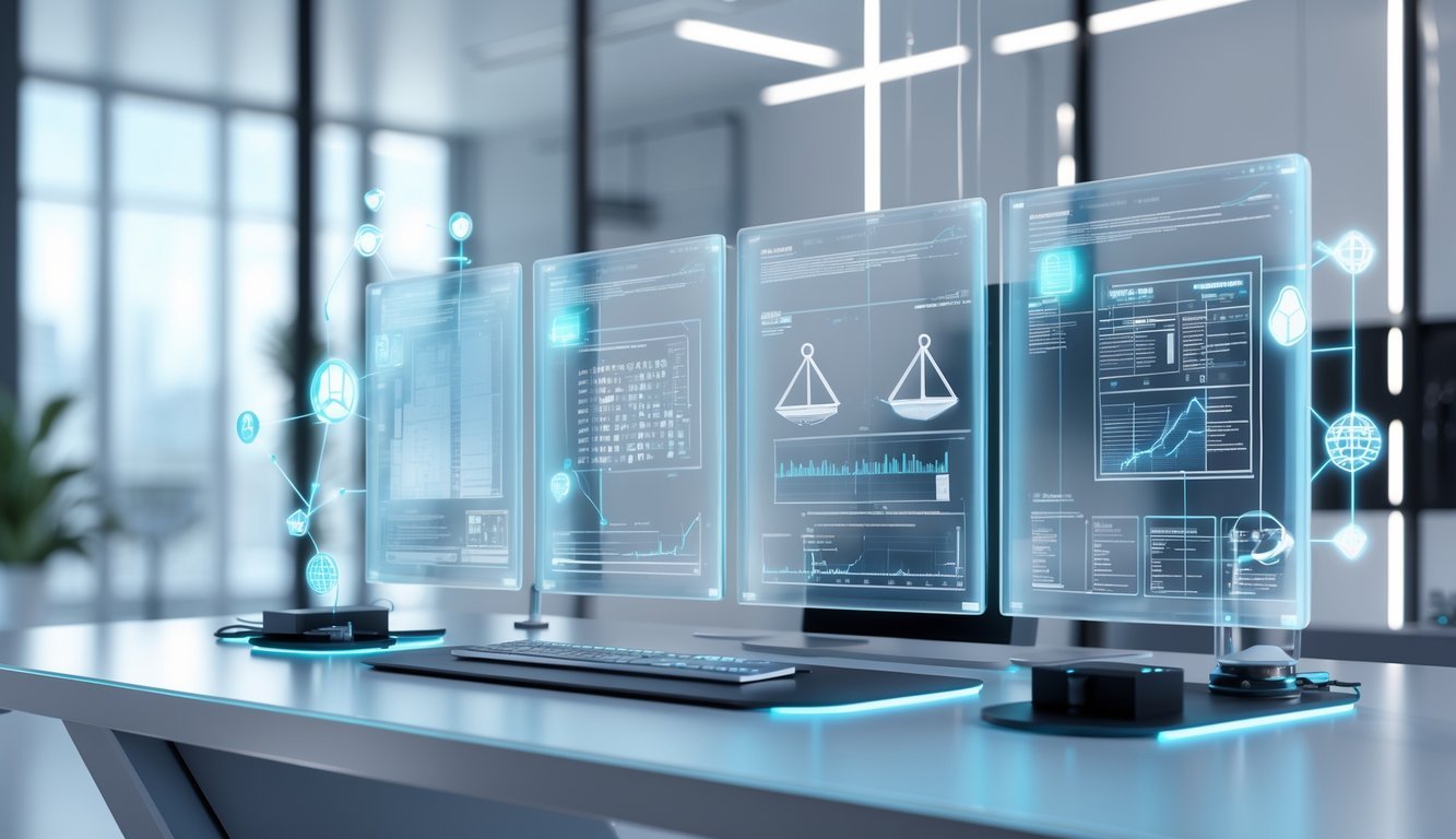 A modern office workspace with digital screens and holographic icons representing law and innovation.