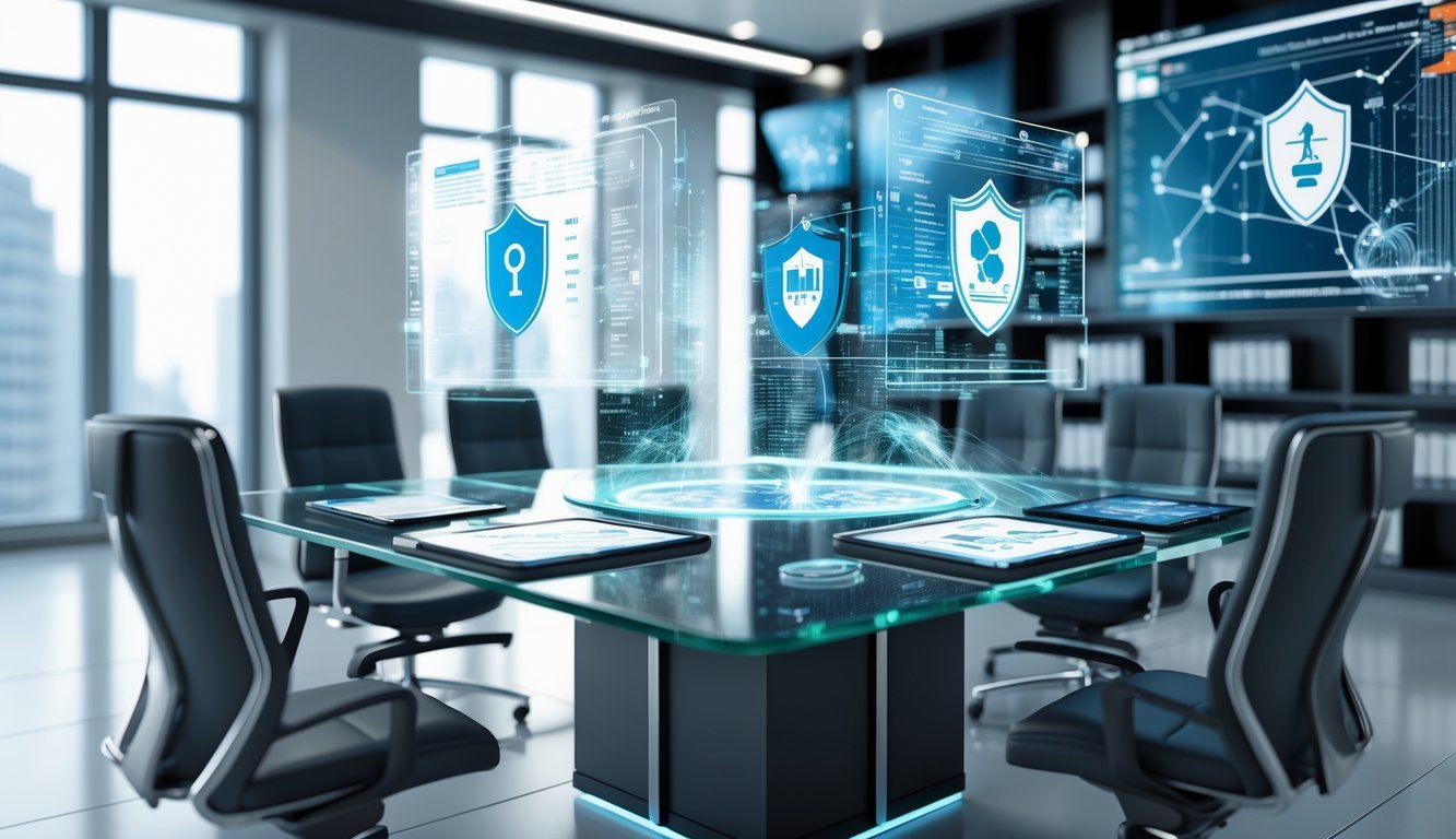 A 3D rendered modern office conference room with holographic displays showing legal and intellectual property symbols and digital devices on a glass table.