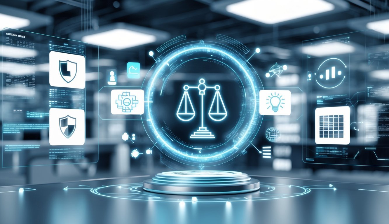 A futuristic digital workspace with holographic icons representing intellectual property protection, innovation, and collaboration around a glowing emblem combining legal and technological symbols.
