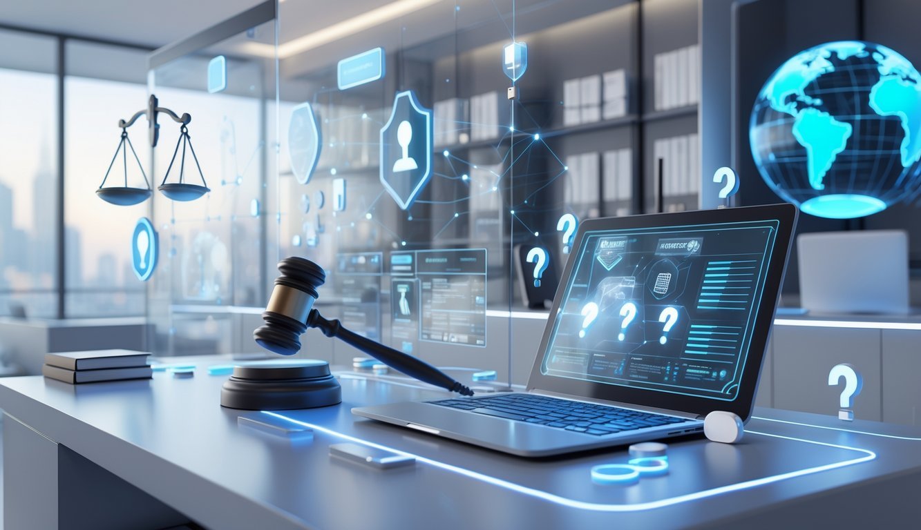 A modern office workspace with digital legal icons and floating question marks representing intellectual property services and frequently asked questions.