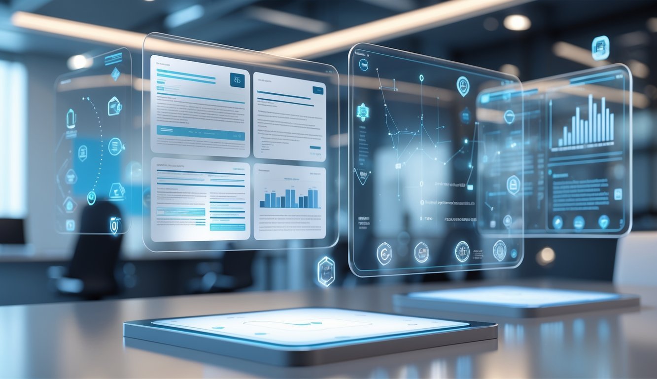A futuristic office scene showing transparent holographic legal documents and data displays floating in the air with abstract icons representing law and security.