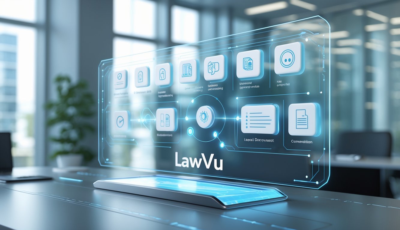 A futuristic holographic legal platform interface with interconnected panels showing core legal features in a modern office setting.