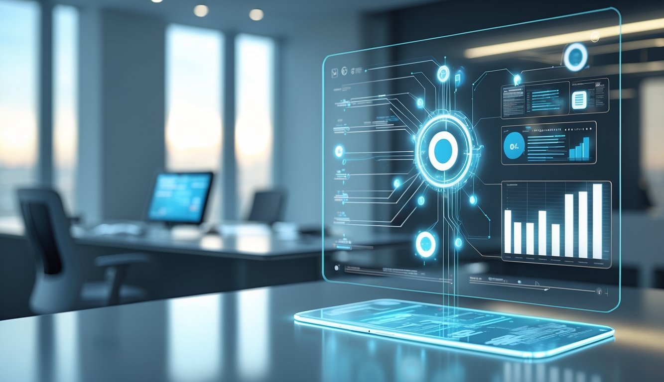 A 3D scene of a futuristic digital legal platform interface with glowing data nodes and graphs floating above a modern workspace.