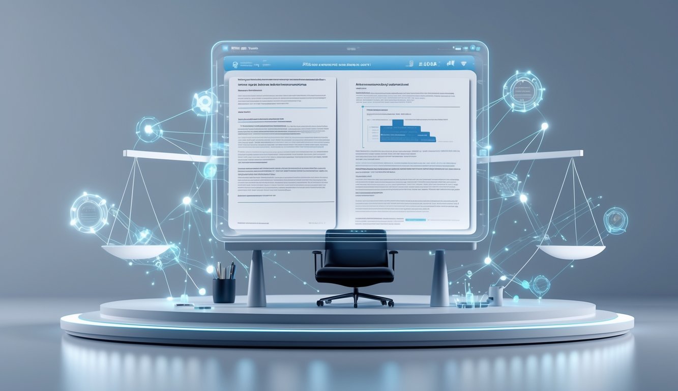 A digital workspace with holographic contract documents and interconnected glowing nodes representing AI-powered contract review and strategic partnerships.