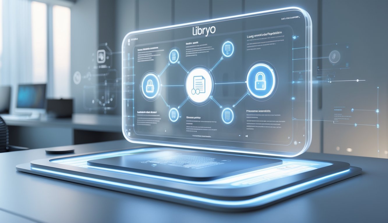 A 3D rendering of a futuristic digital legal platform interface with holographic displays showing interconnected legal and compliance icons above a modern desk.