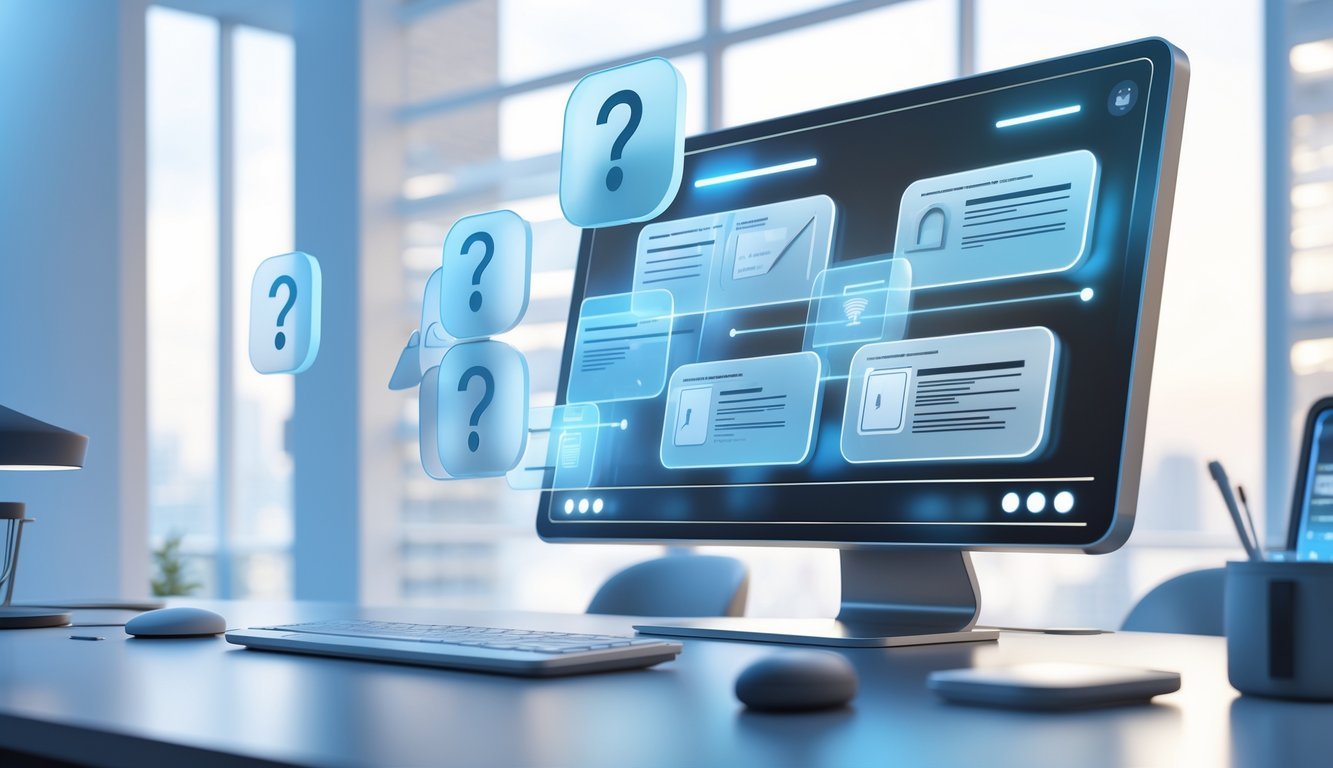 A 3D rendered modern office desk with a computer showing holographic panels and floating question marks representing a legal platform and frequently asked questions.