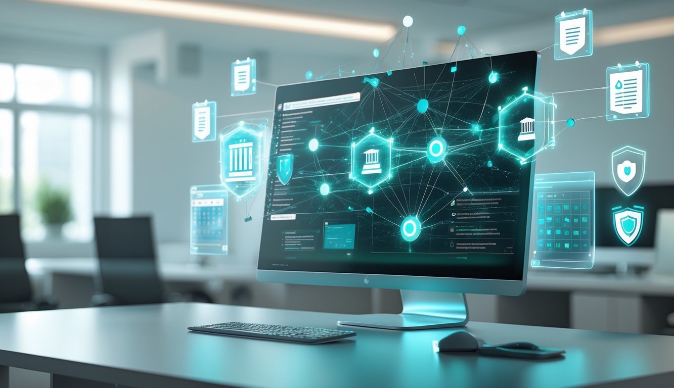 A digital workspace with a computer displaying interconnected legal and compliance icons surrounded by floating holographic panels symbolizing regulation and security.