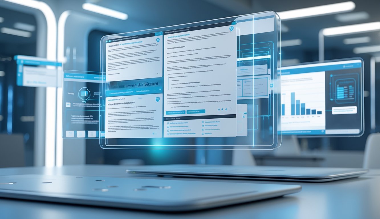 A 3D scene showing a futuristic digital workspace with floating holographic screens displaying contract documents and data analytics in a modern office setting.