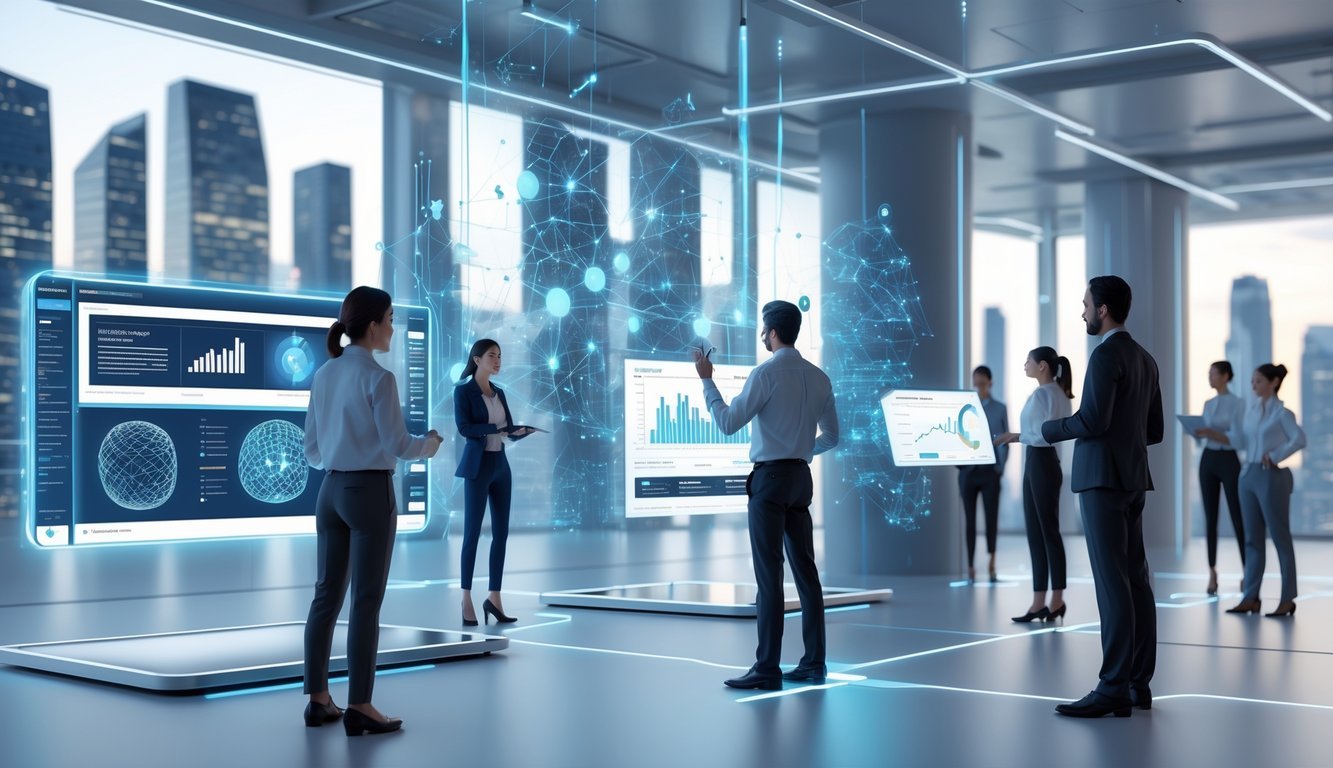 A futuristic office scene with professionals interacting with holographic screens showing data and contract analytics, set against a city skyline representing business competition.