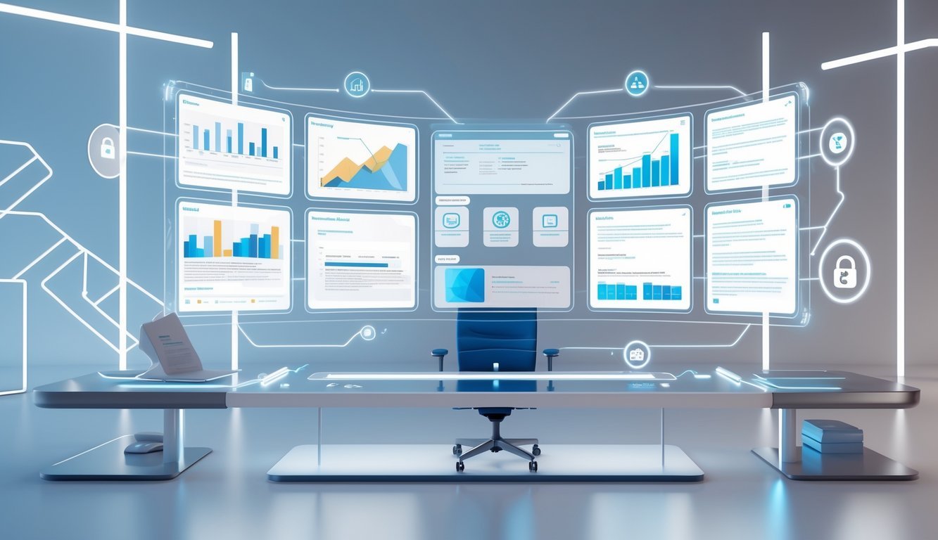 A 3D digital workspace showing holographic panels with legal documents, charts, and icons representing collaboration and security.