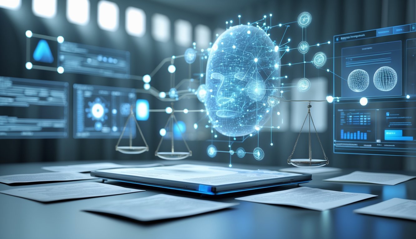 A futuristic digital courtroom with holographic data streams, AI patterns, and legal symbols representing the impact of AI and data on the legal industry.