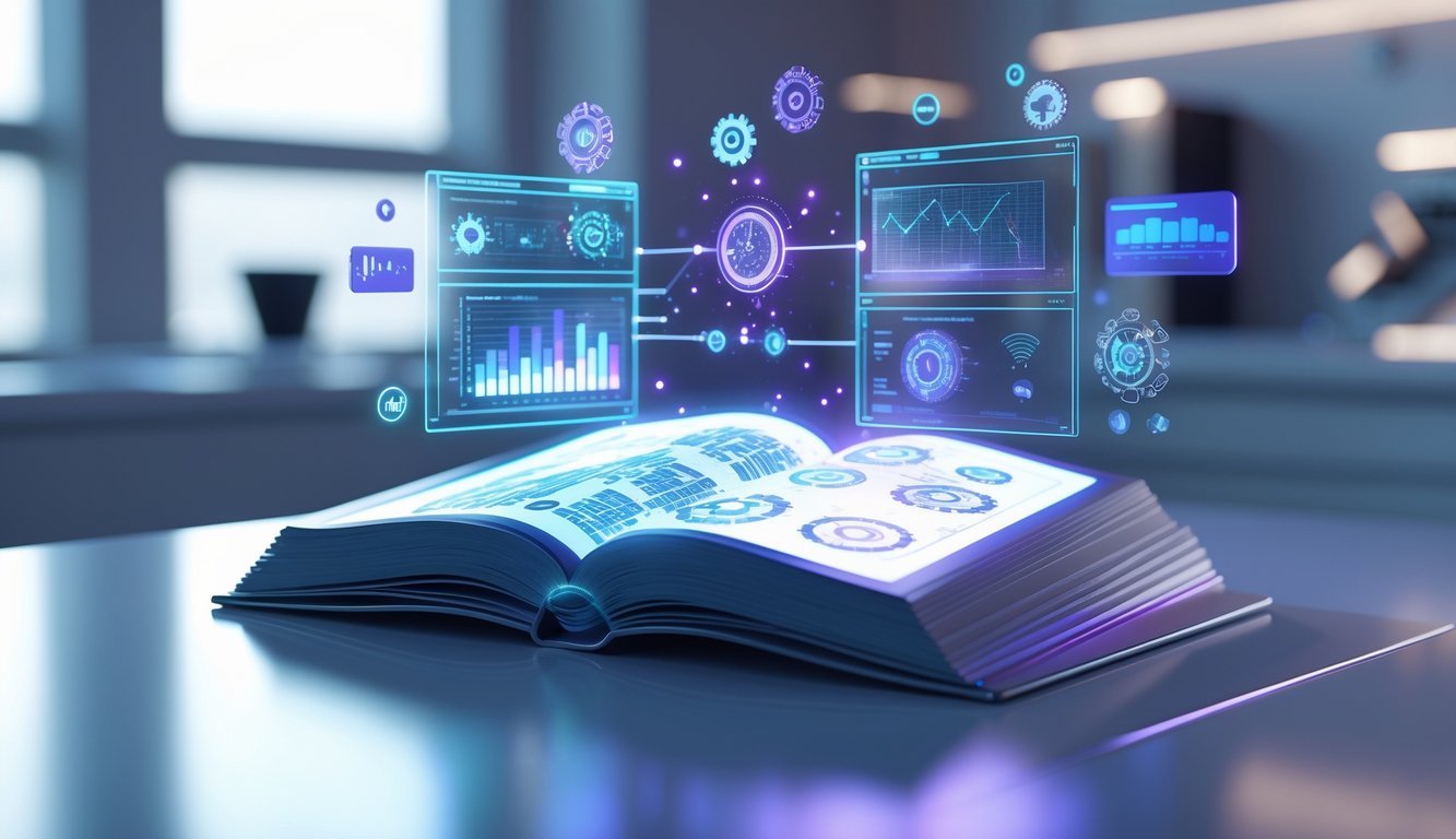A 3D scene showing an open spellbook with glowing holographic pages and floating digital business tool icons above a modern desk.