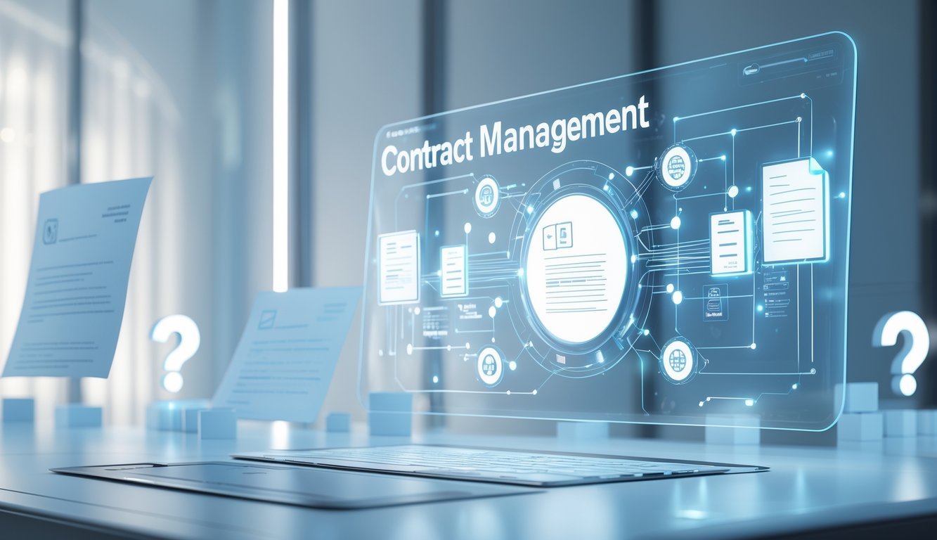 A futuristic digital workspace with holographic interfaces and floating abstract icons representing AI and contract management software.