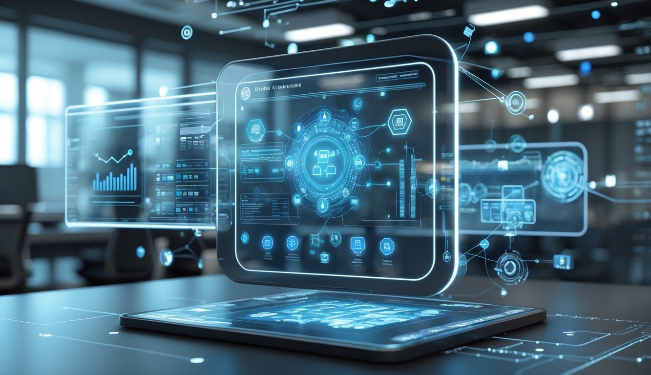 A futuristic digital workspace with holographic business data and AI technology floating around a transparent touchscreen panel.