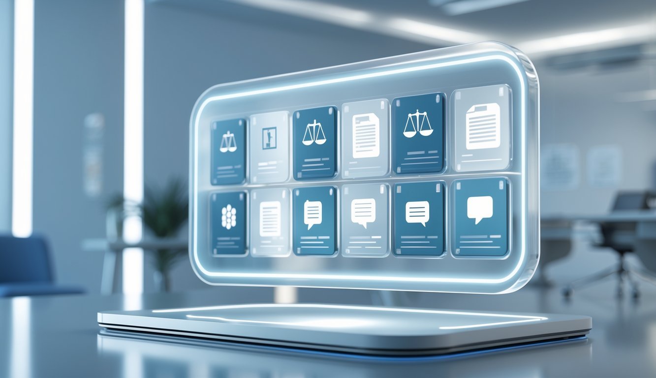 A 3D scene showing a futuristic digital legal platform interface with multiple floating panels displaying legal icons in a modern office setting.