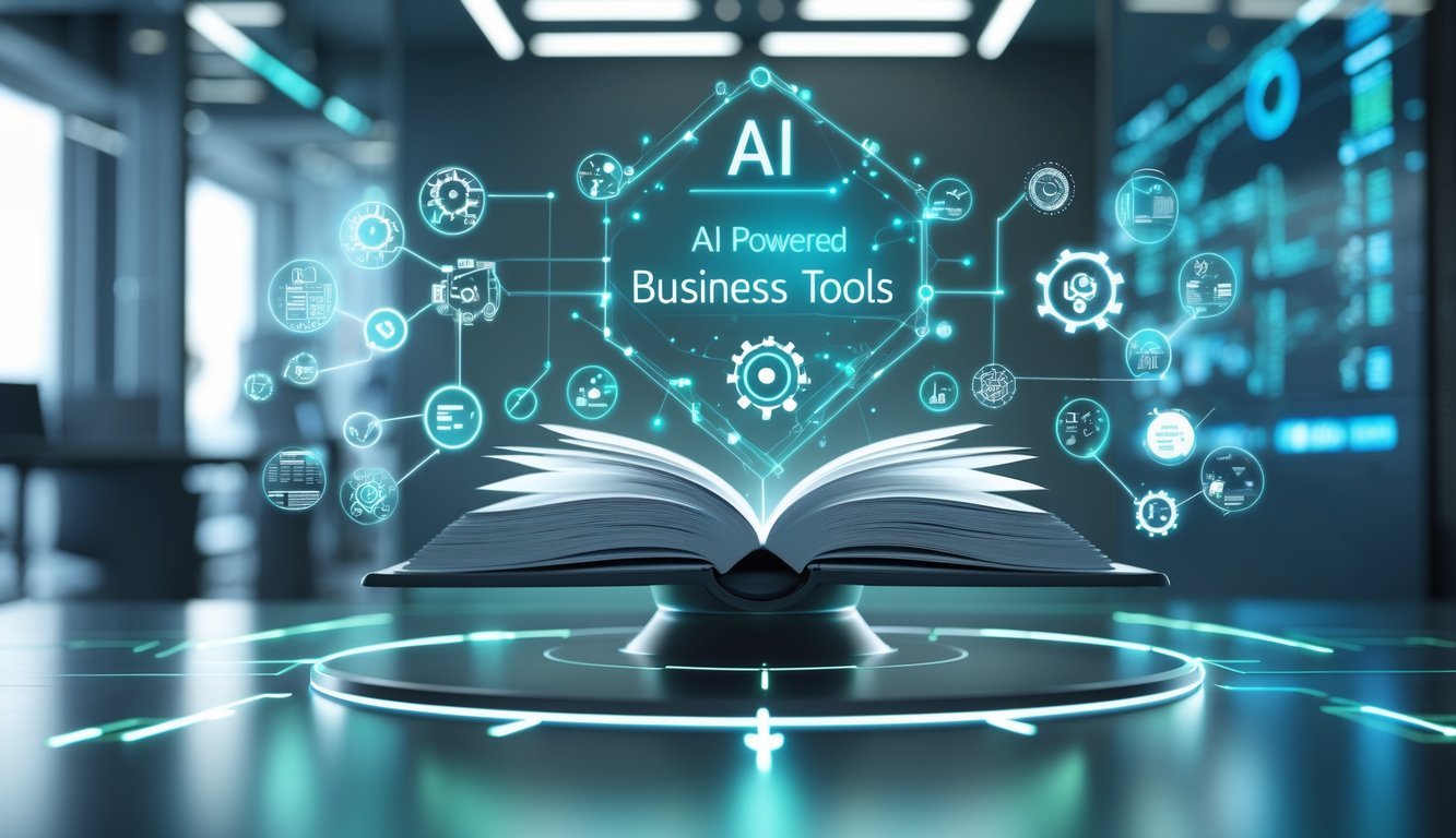 A glowing open digital spellbook floating above a pedestal surrounded by holographic business and technology icons in a high-tech office setting.