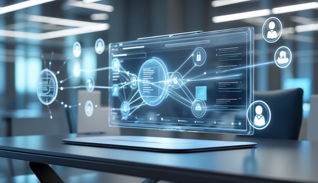 A 3D scene showing a futuristic digital workspace with a holographic interface displaying interconnected contract elements and icons for security, automation, analytics, and collaboration.