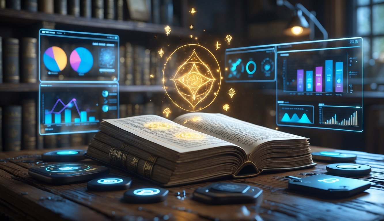 An open ancient spellbook on a wooden desk surrounded by futuristic holographic business and AI tools in a dimly lit study room.