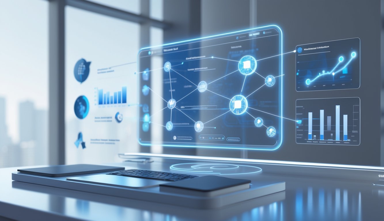 A 3D digital workspace showing a holographic interface with contract elements, charts, and icons representing contract management features.
