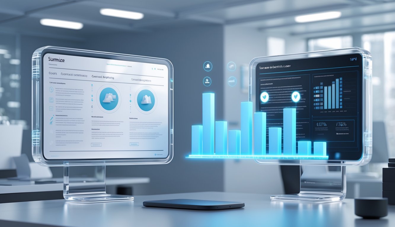 A 3D scene showing two holographic screens above a desk comparing contract review software, with one screen clear and organized and the other cluttered, alongside a glowing 3D chart between them.